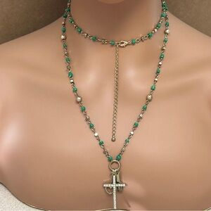 Gold and Green Beaded Charm Necklace